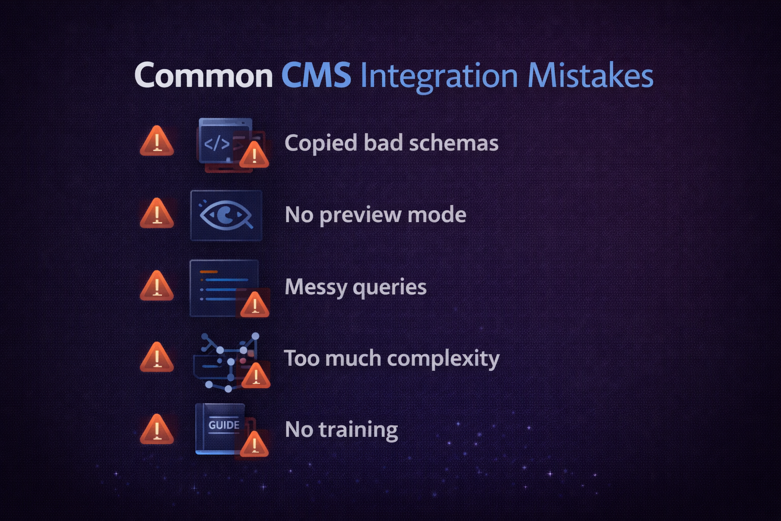 CMS integration mistakes warning diagram